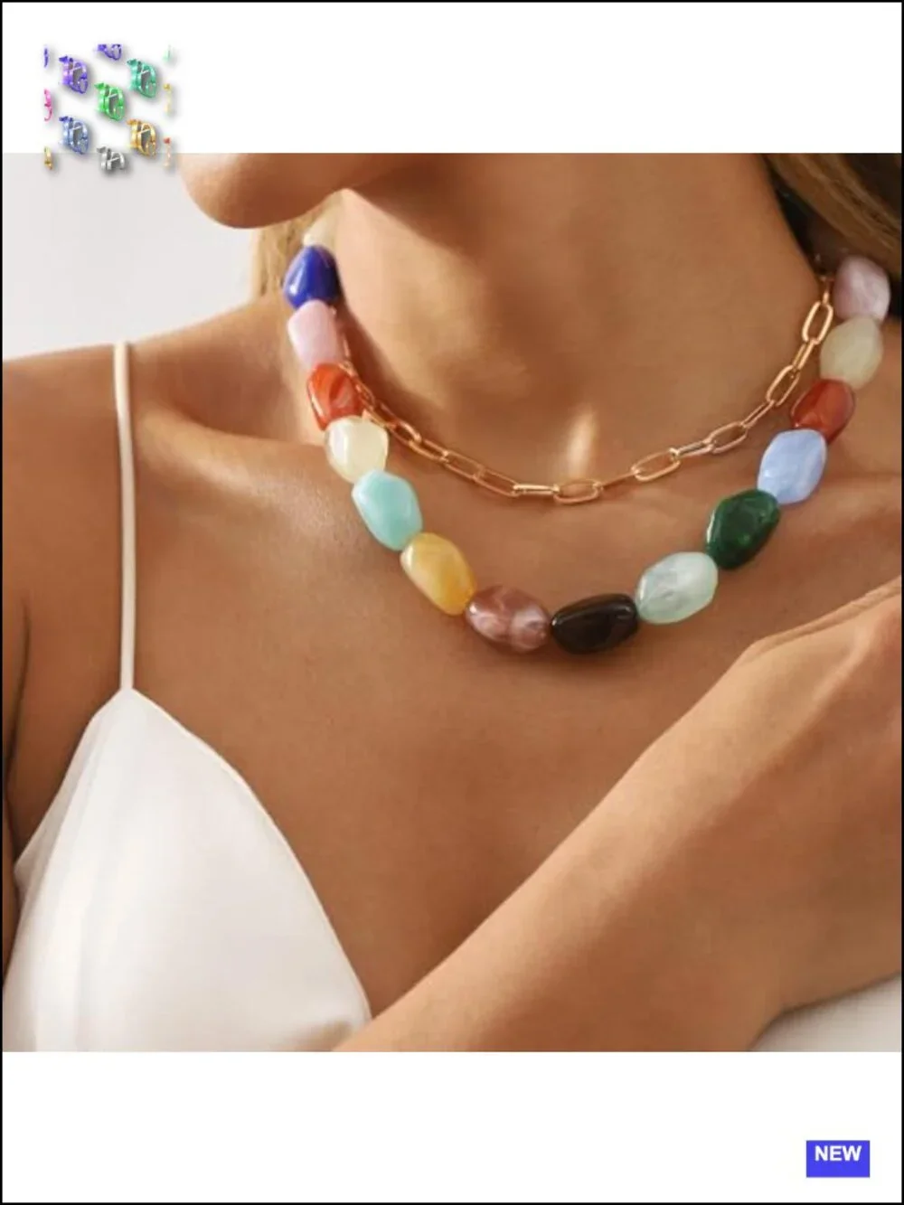 Boho Irregular Resin Beaded Layered Necklace with Gold Chain